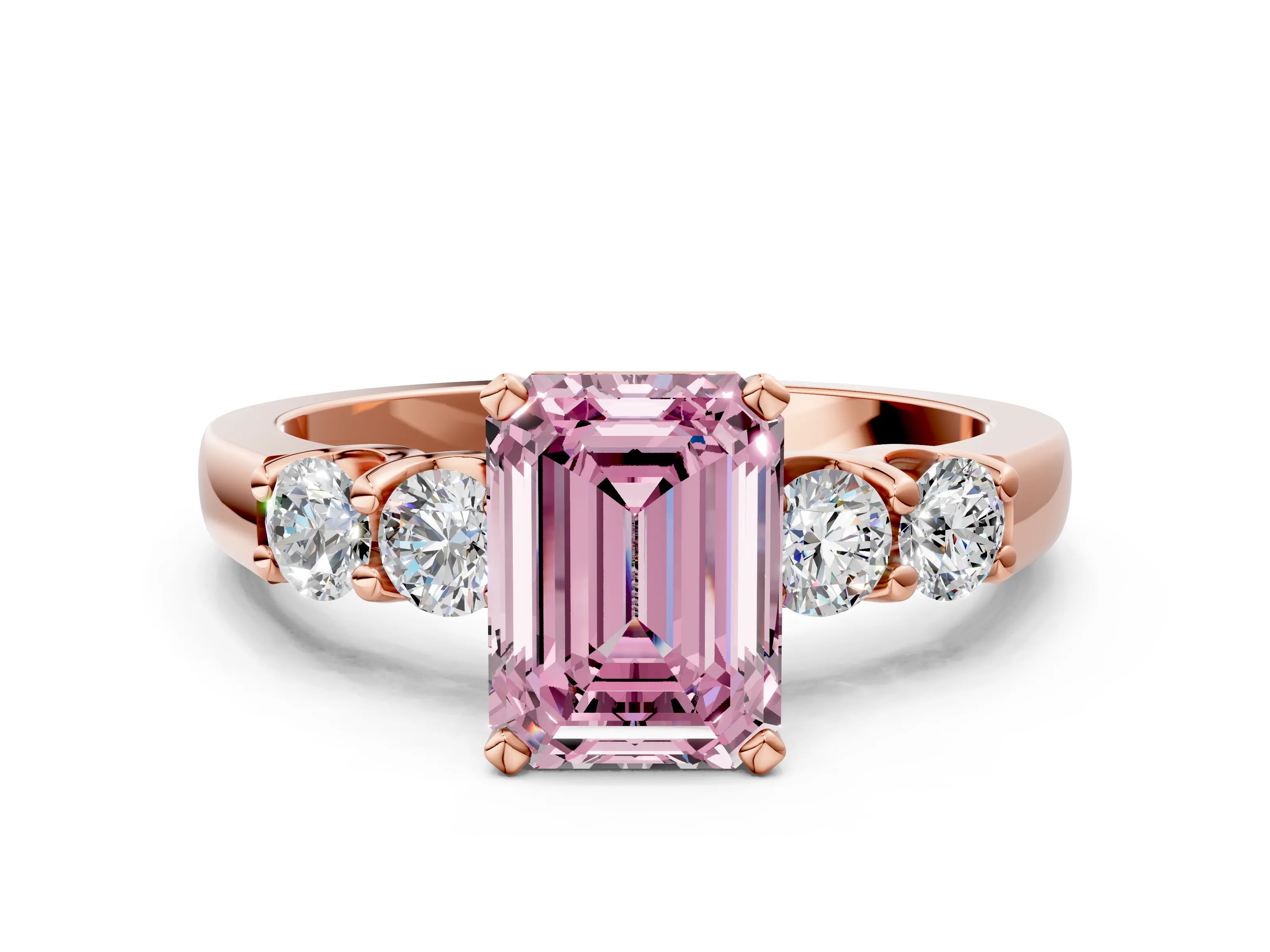Rose gold Fancy Pink Emerald Cut Brilliant Diamond Five-Stone Engagement Ring with Prong Setting on a Classic Band_3