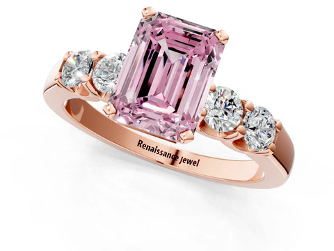 Rose gold Fancy Pink Emerald Cut Brilliant Diamond Five-Stone Engagement Ring with Prong Setting on a Classic Band_4