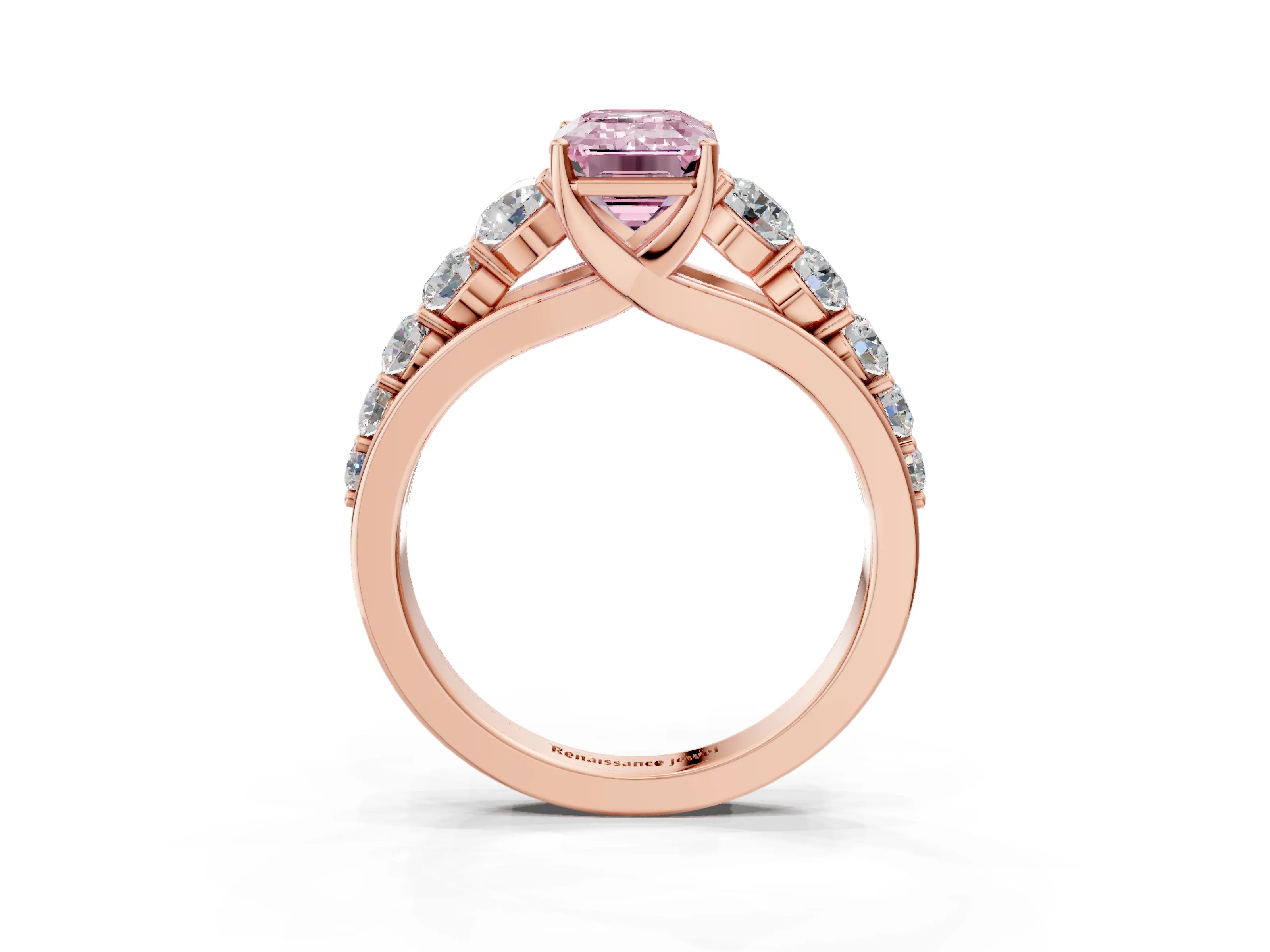 Rose gold Fancy Pink Emerald Cut Brilliant Diamond Pavé Band with Six-Prong Setting_3