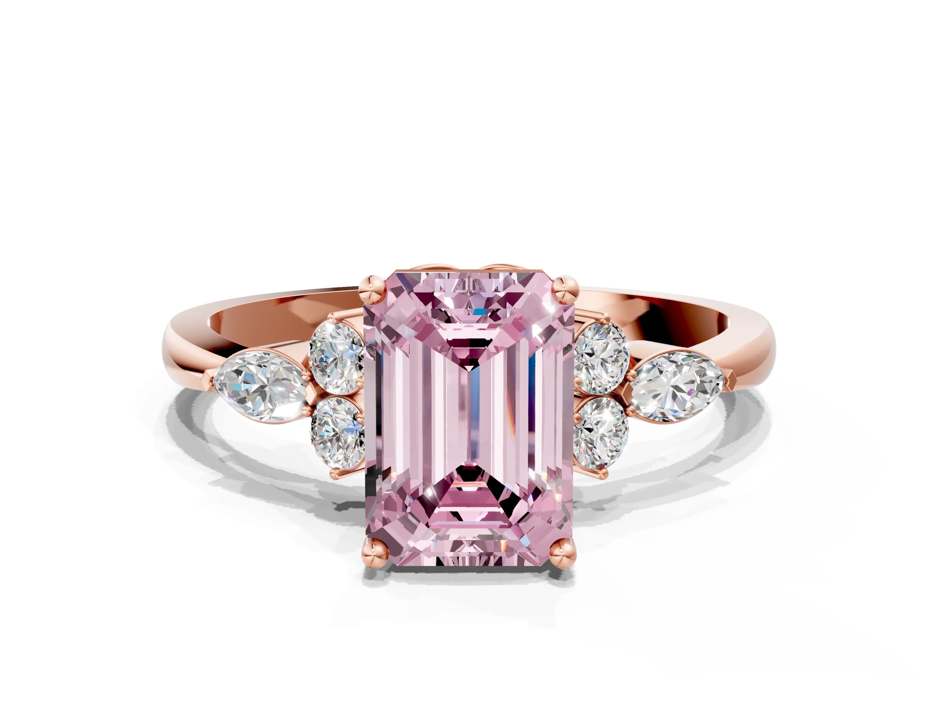 Rose gold Fancy Pink Emerald Cut Brilliant Diamond Solitaire Ring with Pear Side Stones and Four-Prong Setting_3