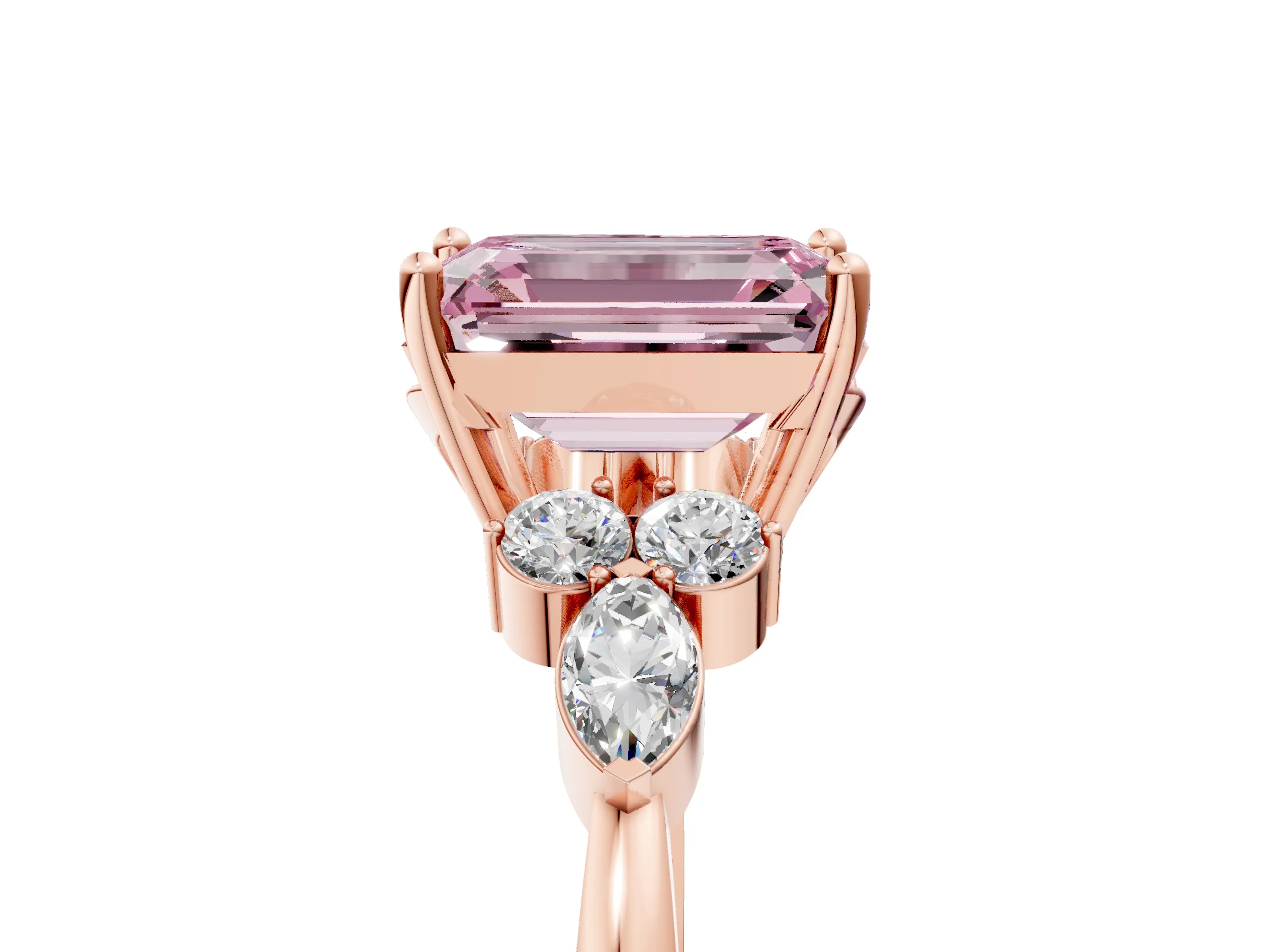 Rose gold Fancy Pink Emerald Cut Brilliant Diamond Solitaire Ring with Pear Side Stones and Four-Prong Setting_8
