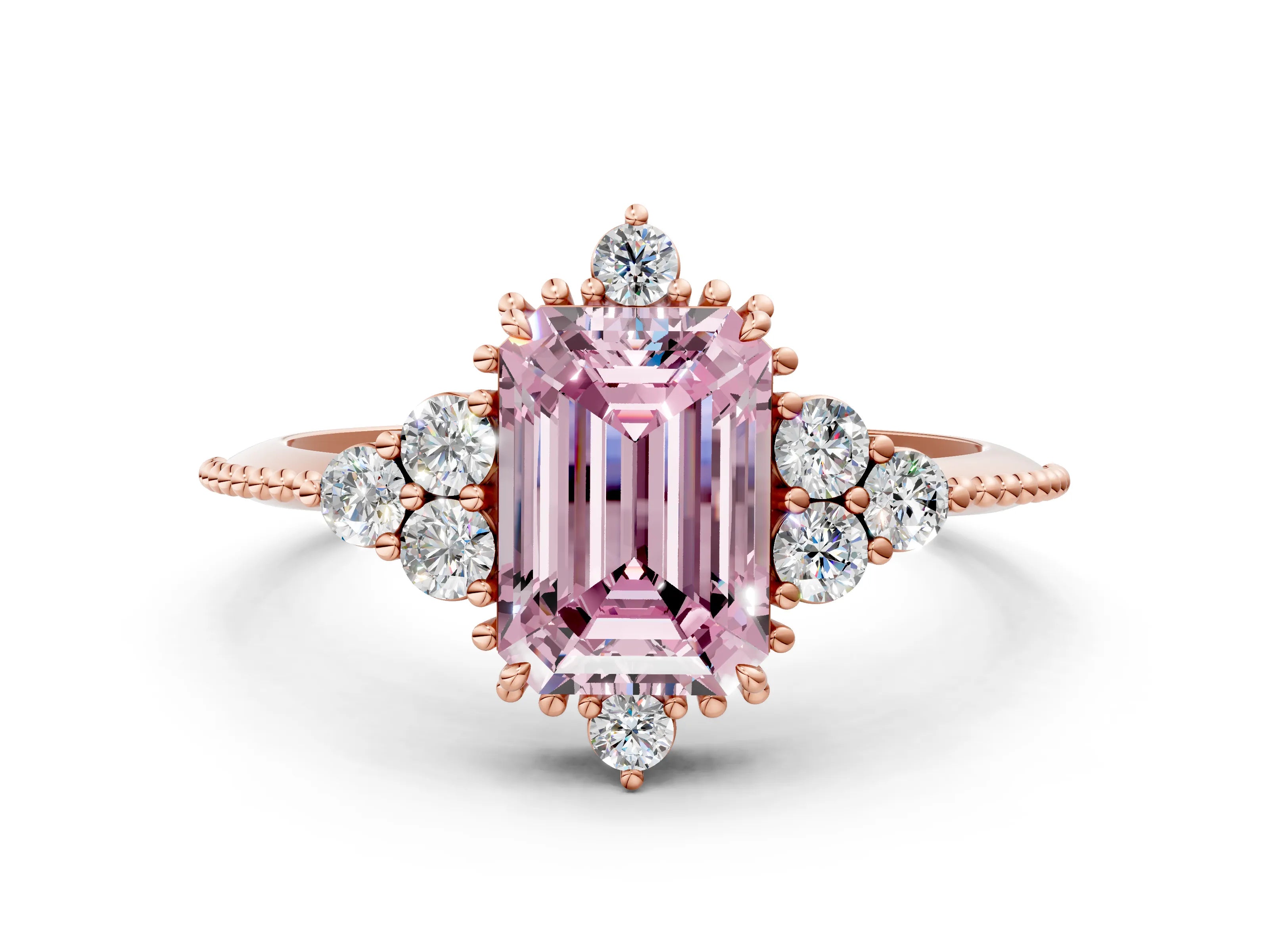 Rose gold Fancy Pink Emerald Cut Brilliant Diamond with Cluster Setting on a Beaded Band and Four-Prong Setting