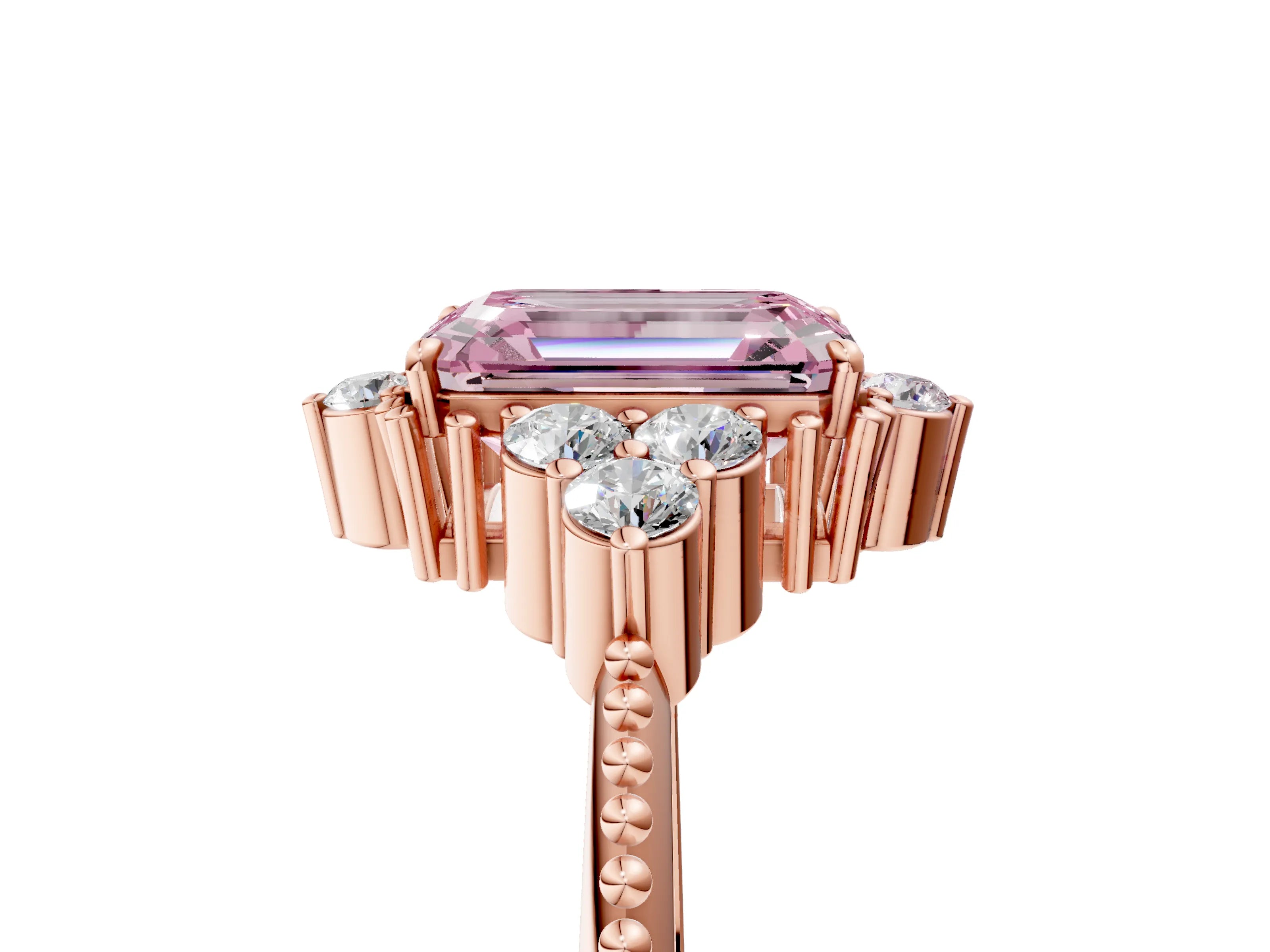 Rose gold Fancy Pink Emerald Cut Brilliant Diamond with Cluster Setting on a Beaded Band and Four-Prong Setting_5