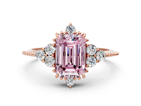 Rose gold Fancy Pink Emerald Cut Brilliant Diamond with Cluster Setting on a Beaded Band and Four-Prong Setting