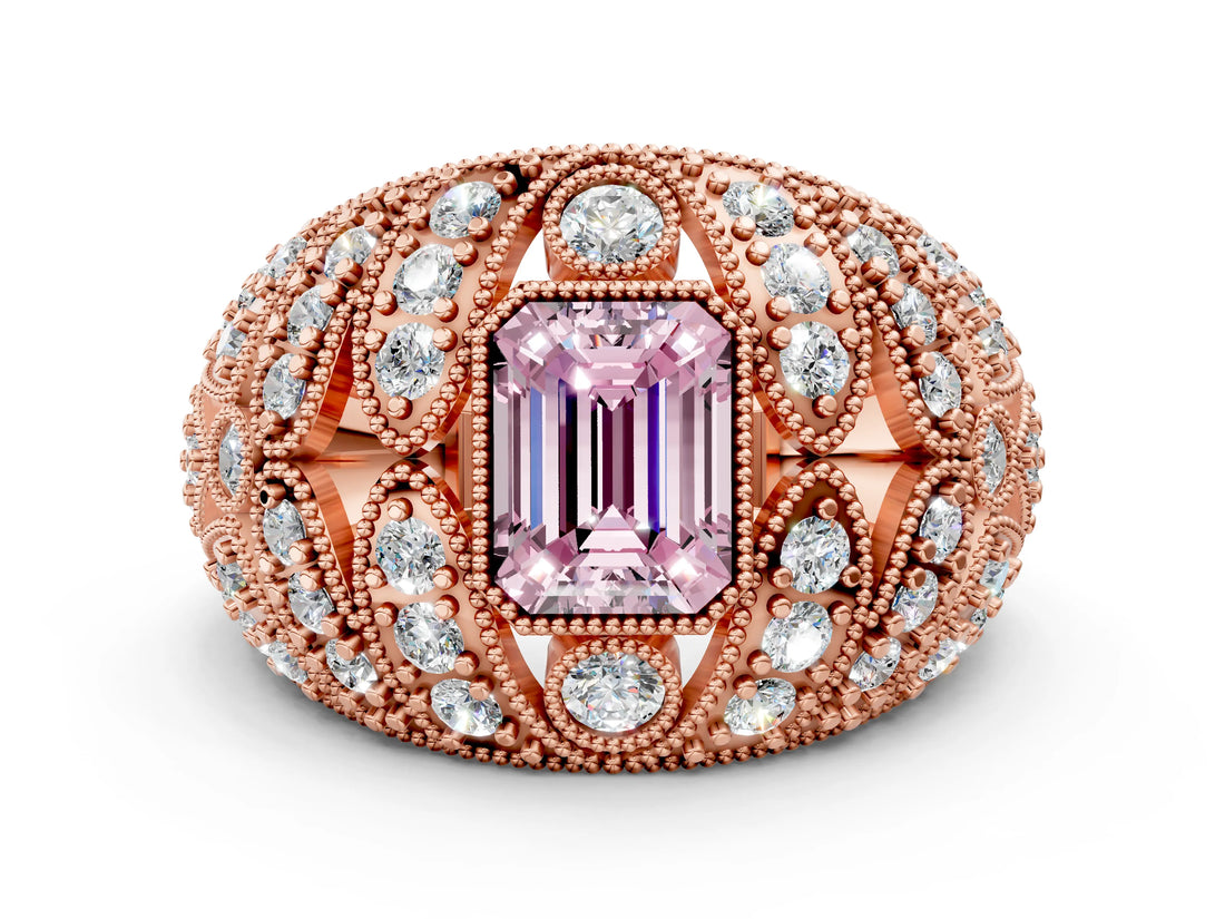Rose gold Fancy Pink Emerald Cut Brilliant Halo Pave Diamond Milgrain Ring