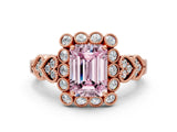 Rose gold Fancy Pink Emerald Cut Brilliant Milgrain Pave Heart Band Solitaire Ring