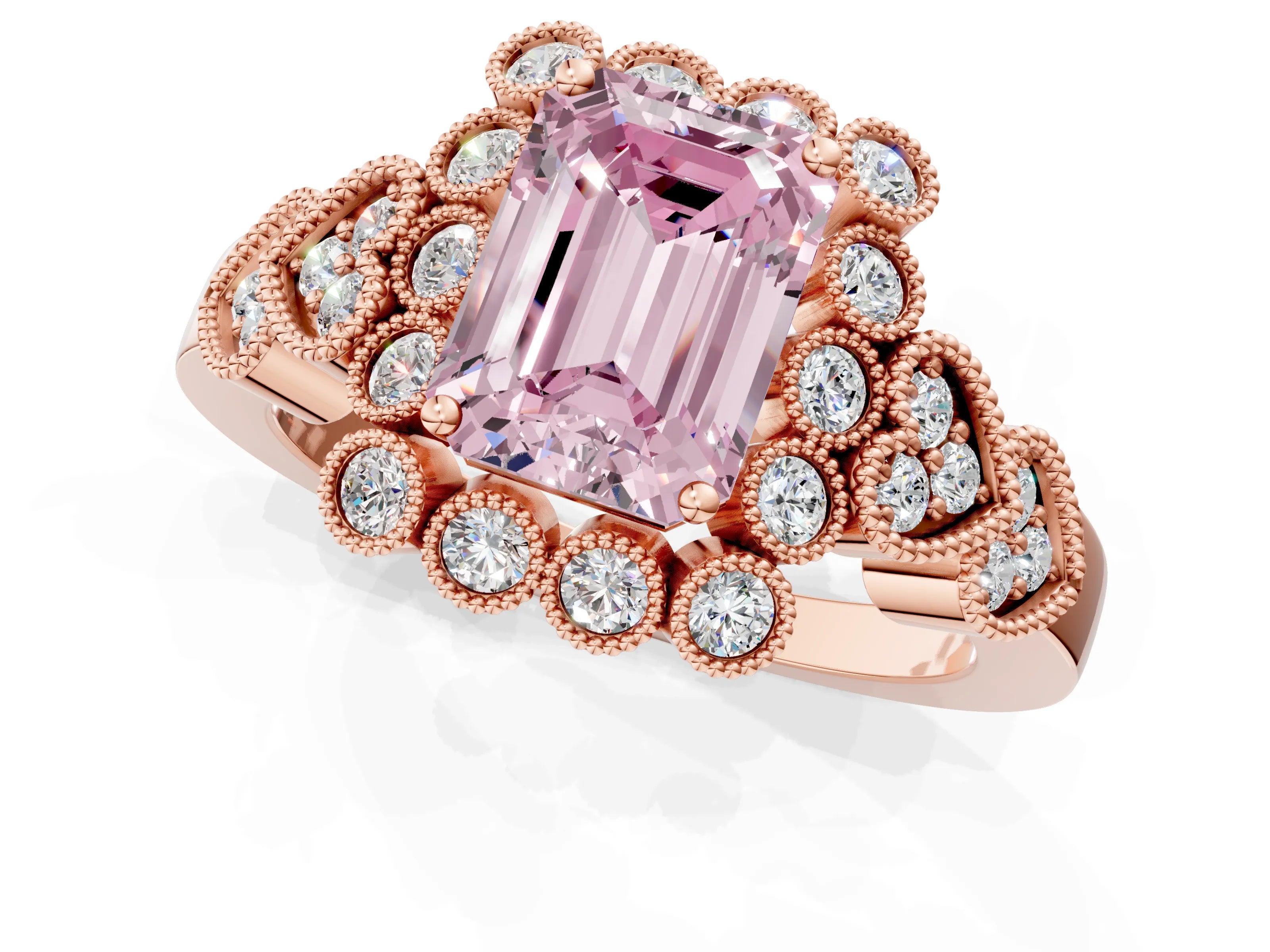 Rose gold Fancy Pink Emerald Cut Brilliant Milgrain Pave Heart Band Solitaire Ring_1