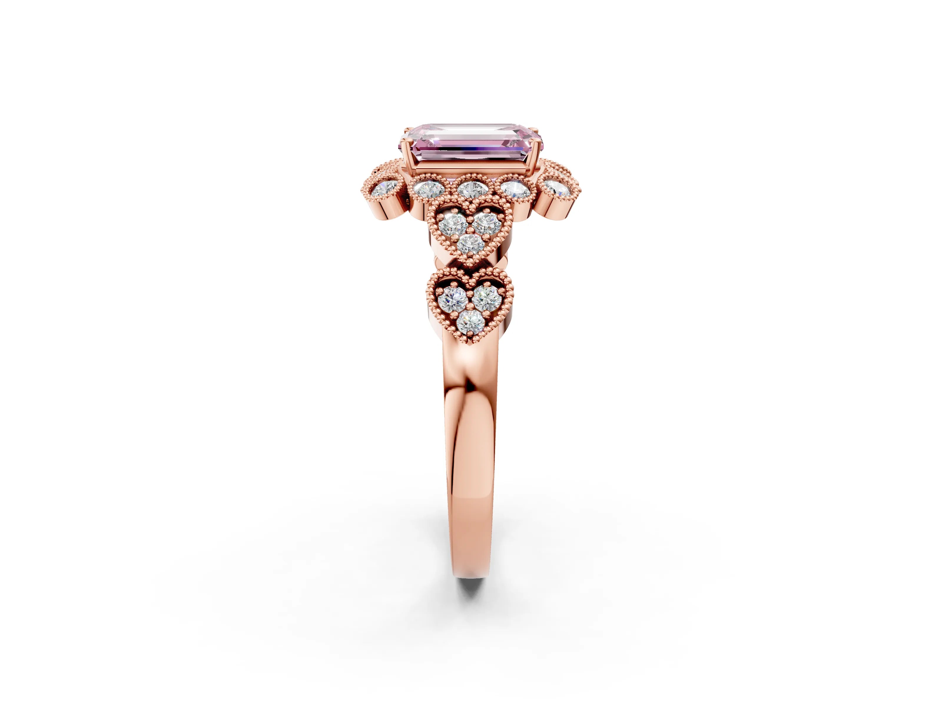 Rose gold Fancy Pink Emerald Cut Brilliant Milgrain Pave Heart Band Solitaire Ring_2