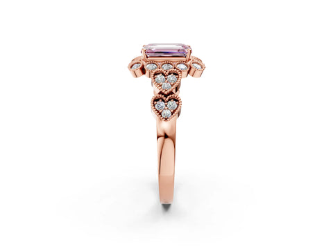 Rose gold Fancy Pink Emerald Cut Brilliant Milgrain Pave Heart Band Solitaire Ring_2