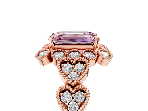 Rose gold Fancy Pink Emerald Cut Brilliant Milgrain Pave Heart Band Solitaire Ring_5