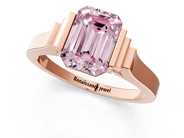 Rose gold Fancy Pink Emerald Cut Brilliant Solitaire Diamond Ring with Channel Set Band and Bar Prong Setting