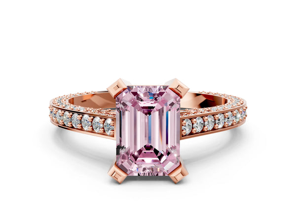 Rose gold Fancy Pink Emerald Cut Brilliant Split Shank Pave Solitaire Ring with Four-Prong Setting