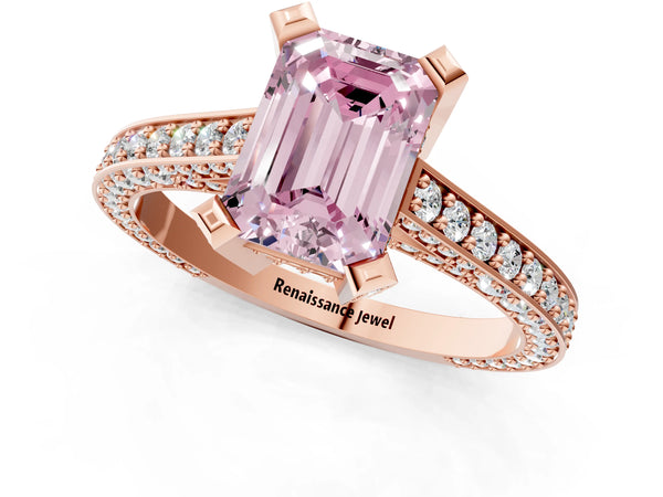 Rose gold Fancy Pink Emerald Cut Brilliant Split Shank Pave Solitaire Ring with Four-Prong Setting