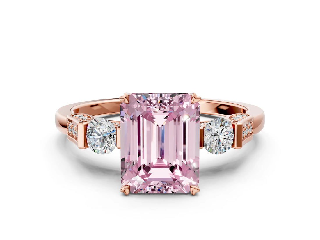Rose gold Fancy Pink Emerald Cut Brilliant Three-Stone Pave Band with Four-Prong Setting