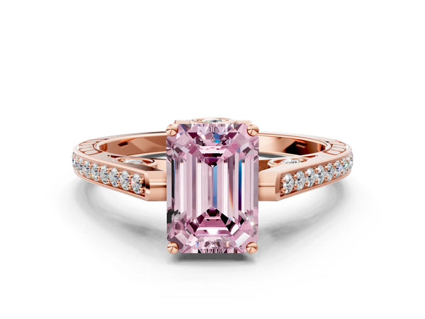 Rose Gold Emerald Cut Cathedral Engagement Ring Setting for Fancy Pink Center with Pave Shoulders