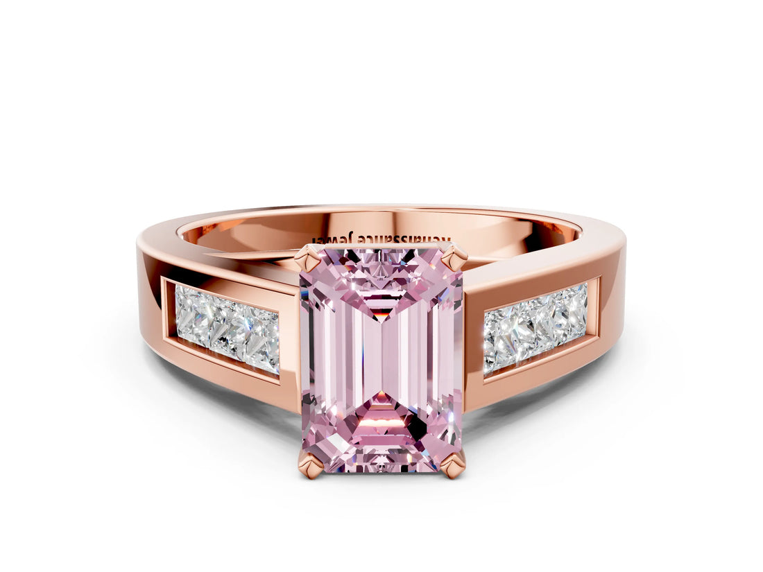 Rose gold Fancy Pink Emerald Cut Cut Channel Set Solitaire Ring with Four-Prong Setting