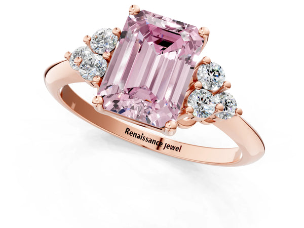 Rose gold Fancy Pink Emerald Cut Cut Diamond Cluster Ring with Solitaire Band and Four-Prong Setting