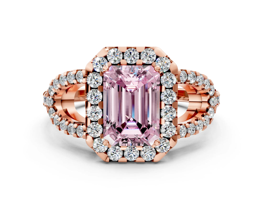 Rose gold Fancy Pink Emerald Cut Cut Diamond Halo Engagement Ring with Open Split Pavé Band