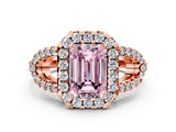 Rose gold Fancy Pink Emerald Cut Cut Diamond Halo Engagement Ring with Open Split Pavé Band