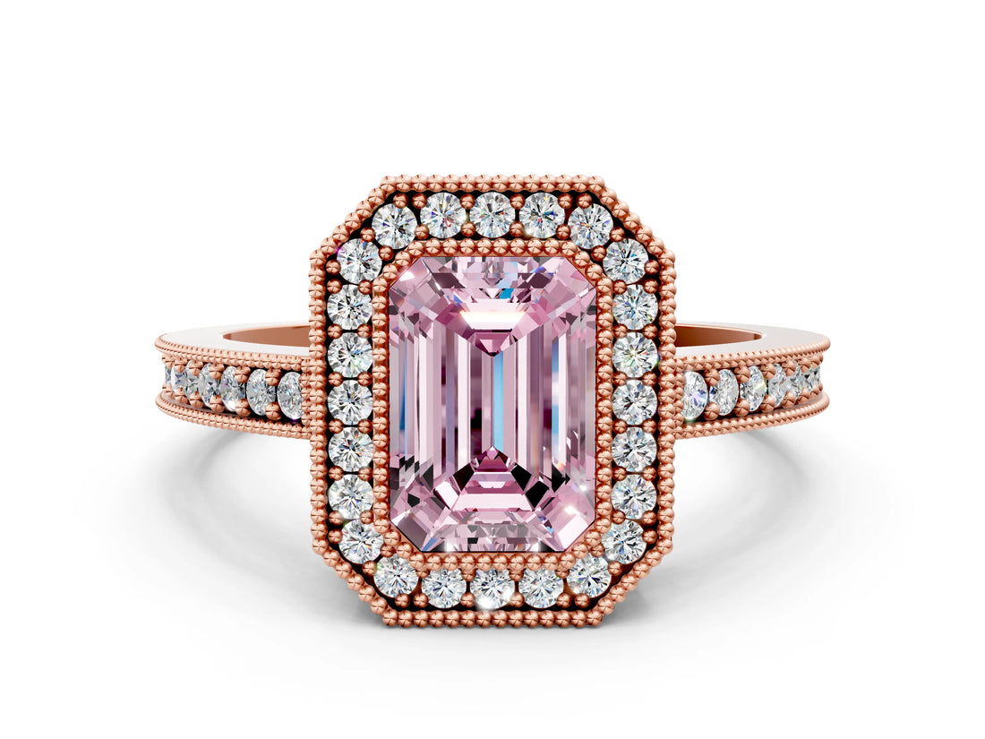 Rose gold Fancy Pink Emerald Cut-Cut Diamond Halo Engagement Ring with Pave Band and Prong Setting