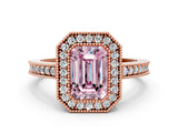 Rose gold Fancy Pink Emerald Cut-Cut Diamond Halo Engagement Ring with Pave Band and Prong Setting