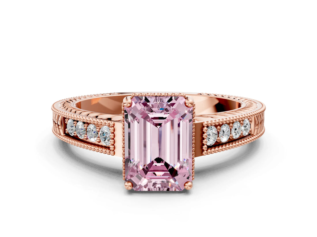 Rose gold Fancy Pink Emerald Cut Cut Diamond Milgrain Pave Band Four-Prong Setting Ring_3