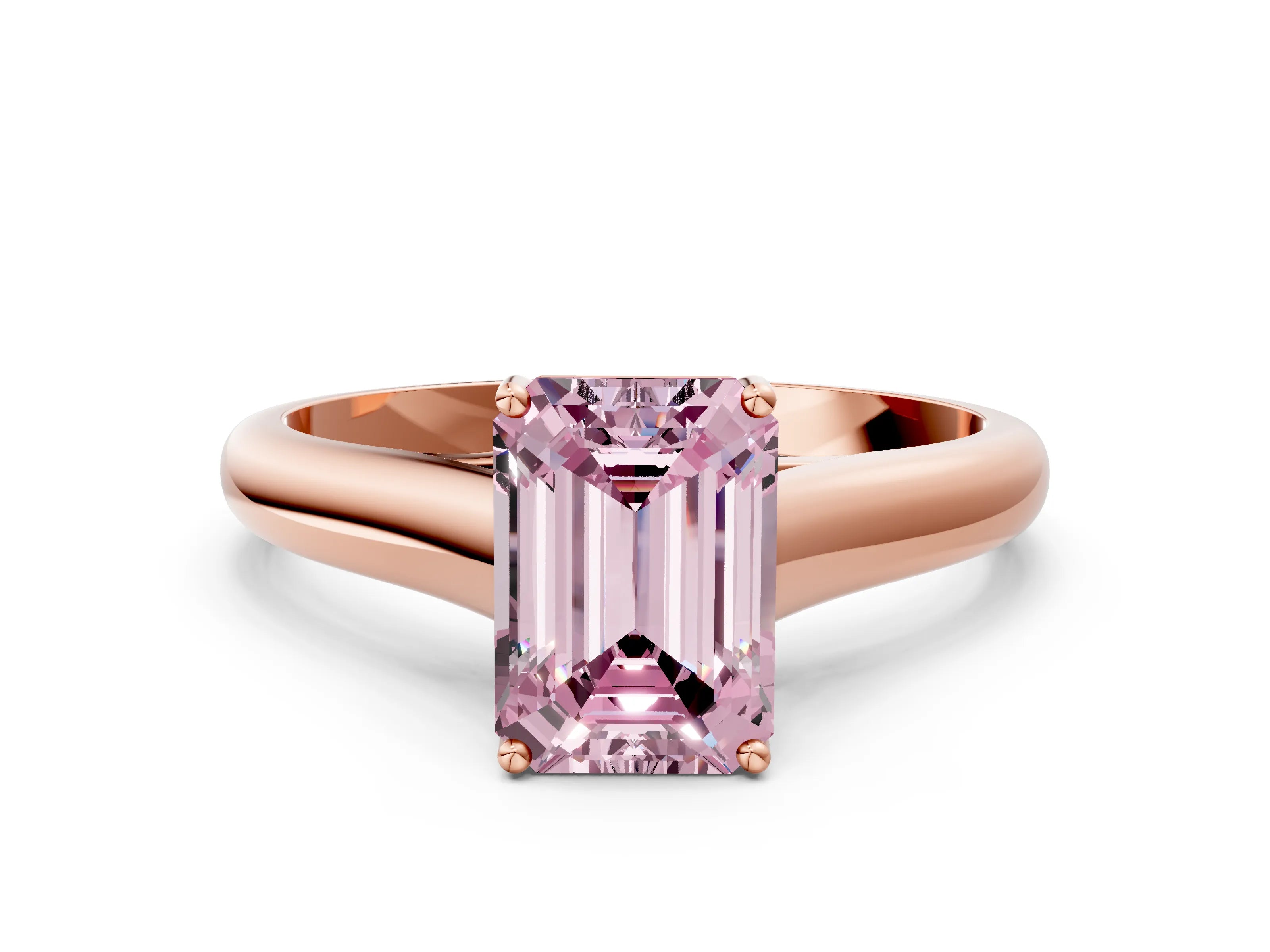 Rose gold Fancy Pink Emerald Cut Cut Diamond Solitaire Engagement Ring with Tapered Plain Band and Four-Prong Setting
