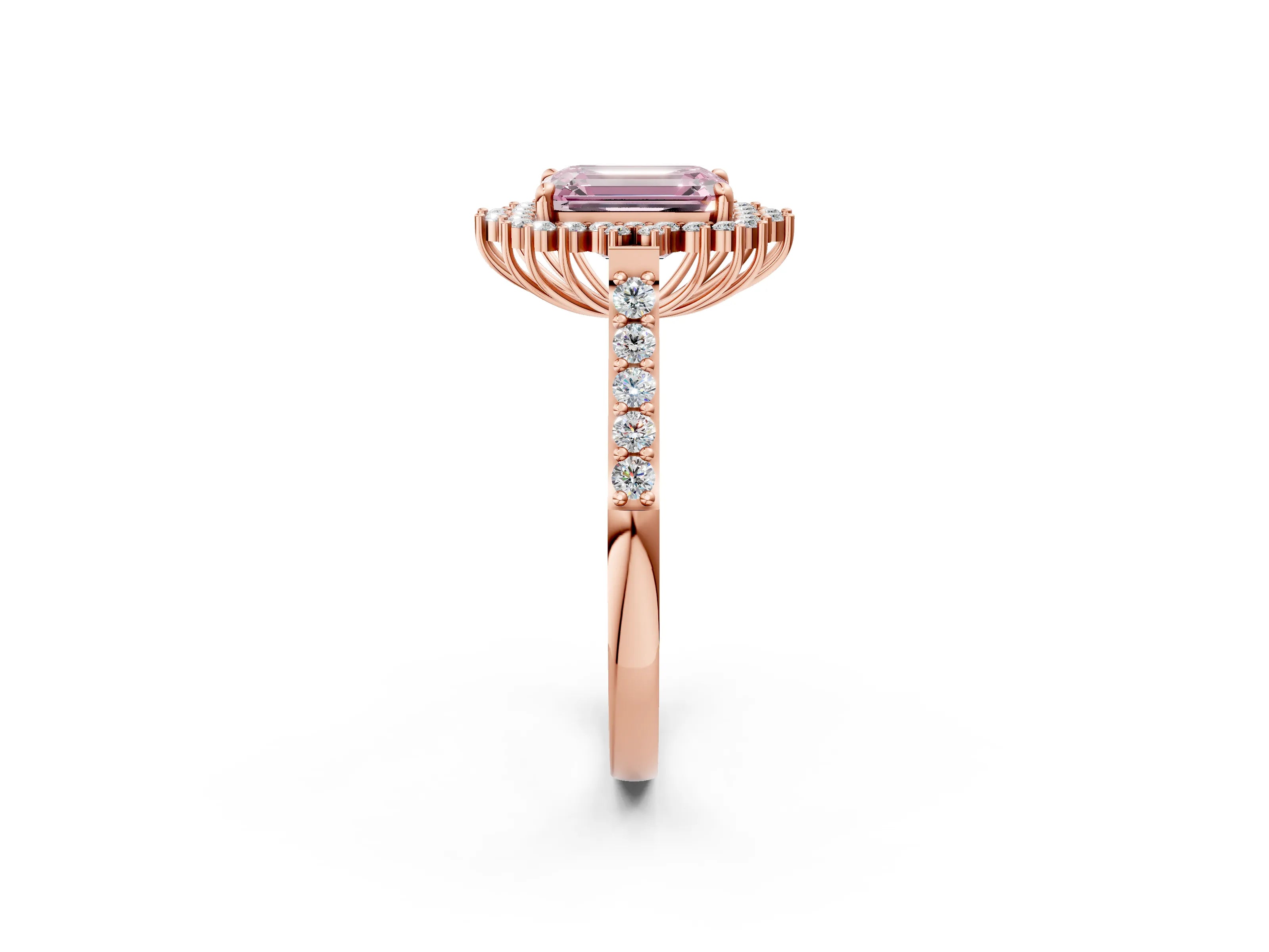 Rose gold Fancy Pink Emerald Cut Cut Diamond Sunburst Halo Engagement Ring with Pavé Band_10