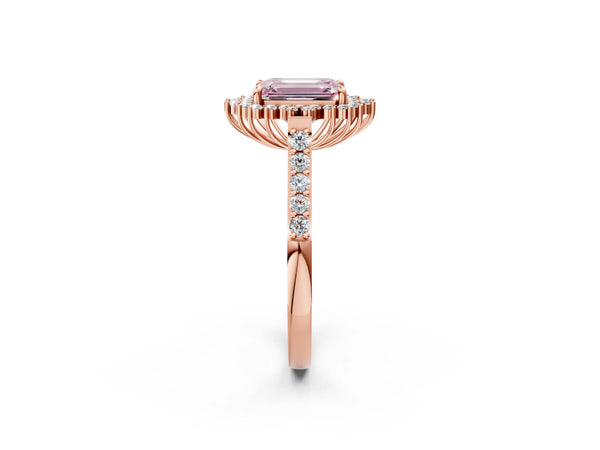 Rose gold Fancy Pink Emerald Cut Cut Diamond Sunburst Halo Engagement Ring with Pavé Band