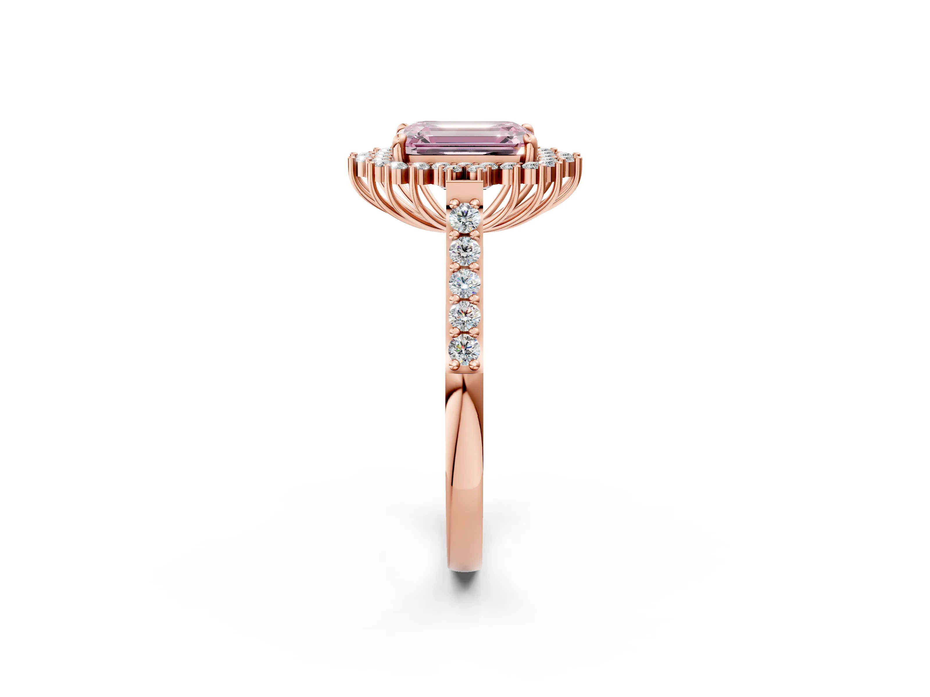 Rose gold Fancy Pink Emerald Cut Cut Diamond Sunburst Halo Engagement Ring with Pavé Band_2