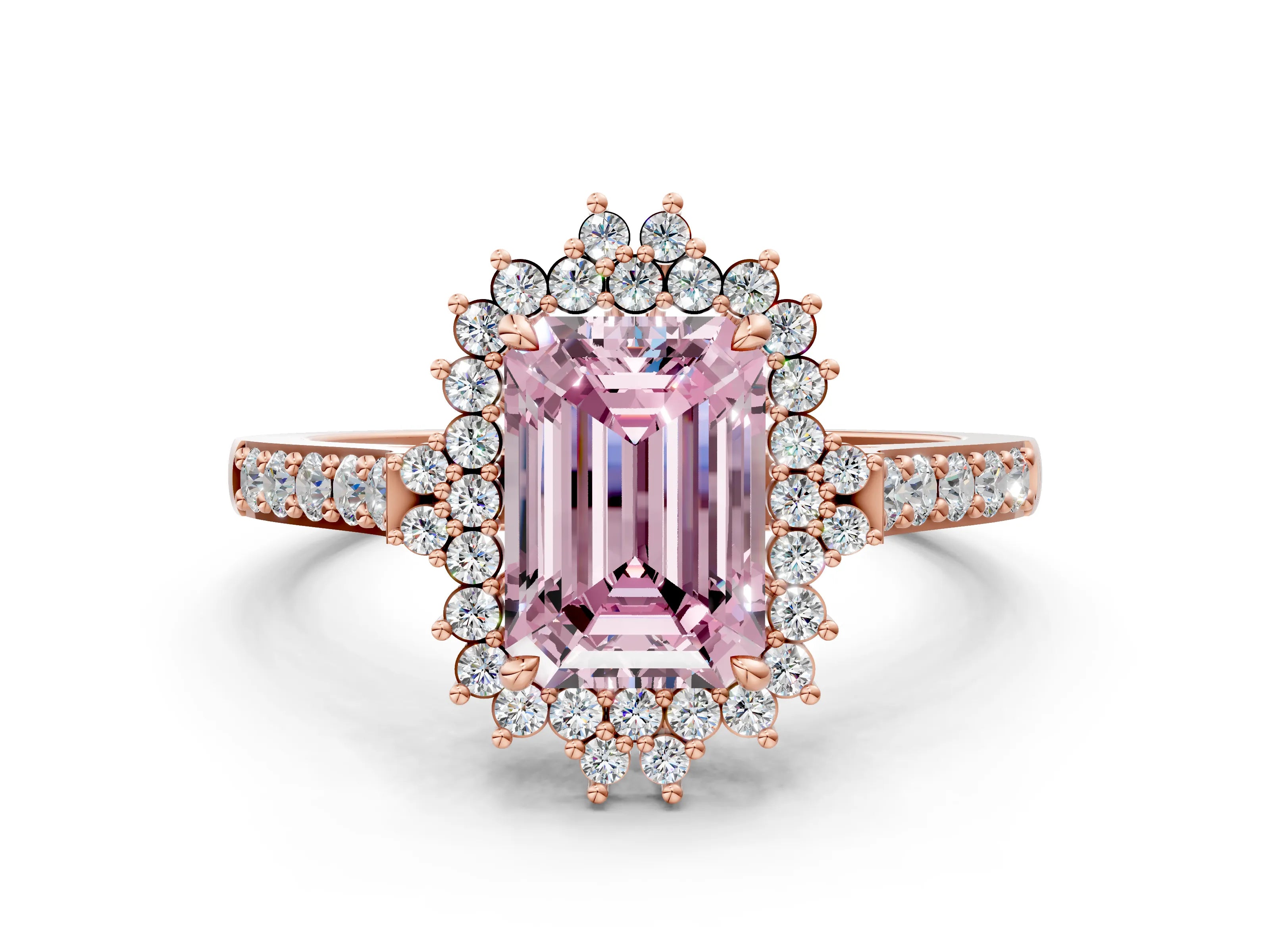 Rose gold Fancy Pink Emerald Cut Cut Diamond Sunburst Halo Engagement Ring with Pavé Band_20