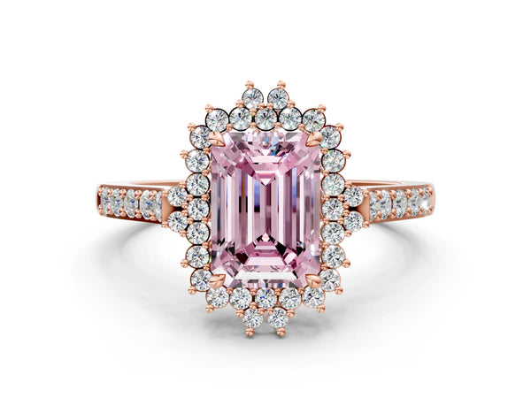 Rose gold Fancy Pink Emerald Cut Cut Diamond Sunburst Halo Engagement Ring with Pavé Band