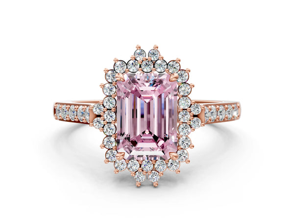 Rose gold Fancy Pink Emerald Cut Cut Diamond Sunburst Halo Engagement Ring with Pavé Band