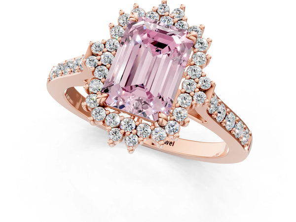 Rose gold Fancy Pink Emerald Cut Cut Diamond Sunburst Halo Engagement Ring with Pavé Band