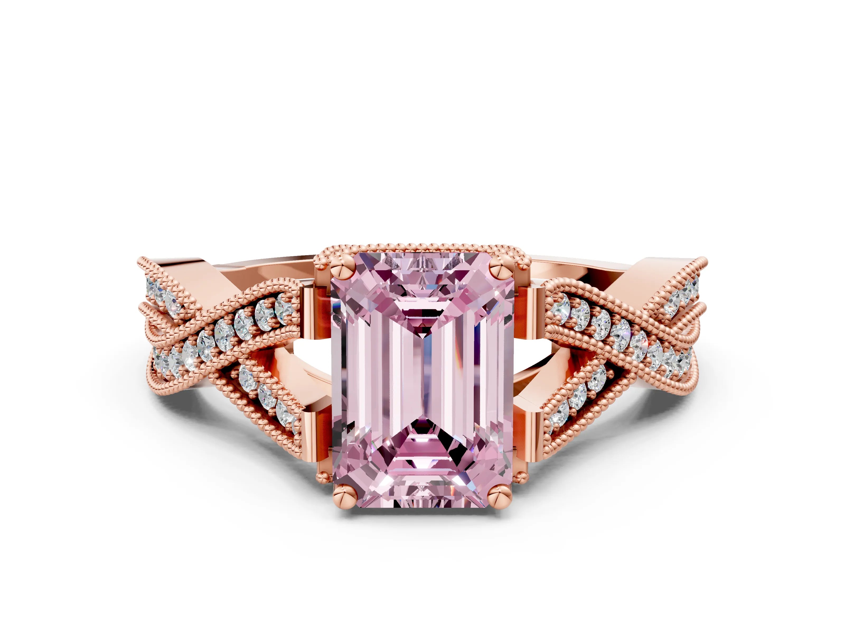 Rose gold Fancy Pink Emerald Cut Cut Diamond Twisted Band with Milgrain Pave Setting and Four-Prong Setting