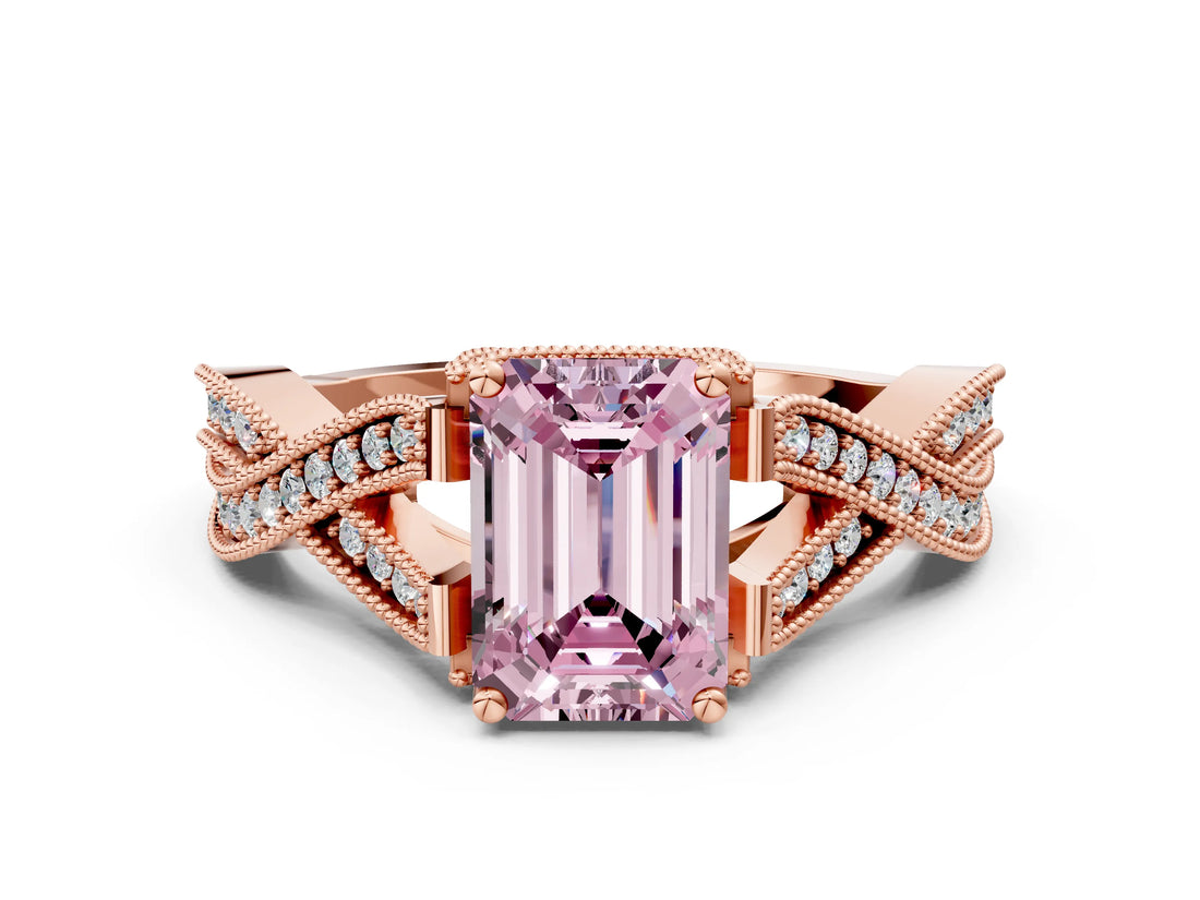 Rose gold Fancy Pink Emerald Cut Cut Diamond Twisted Band with Milgrain Pave Setting and Four-Prong Setting