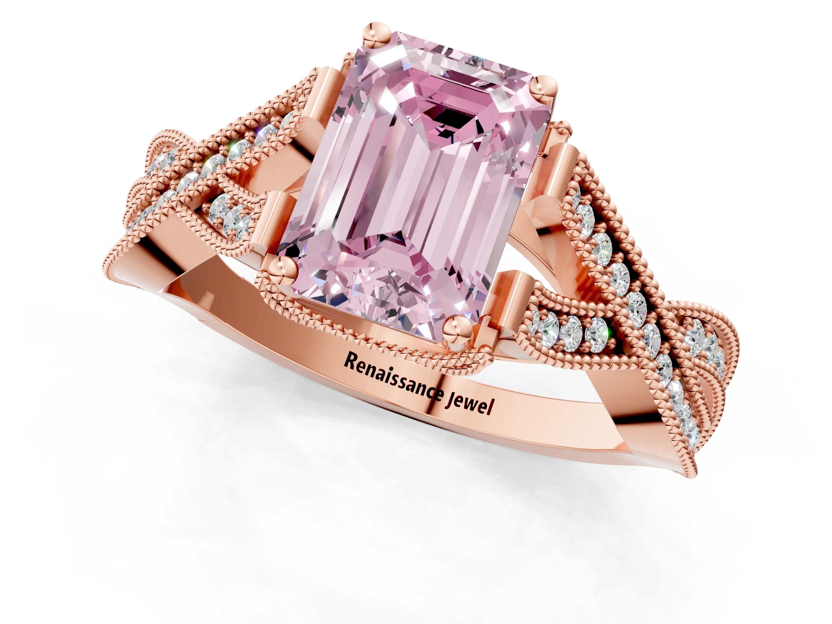 Rose gold Fancy Pink Emerald Cut Cut Diamond Twisted Band with Milgrain Pave Setting and Four-Prong Setting_1