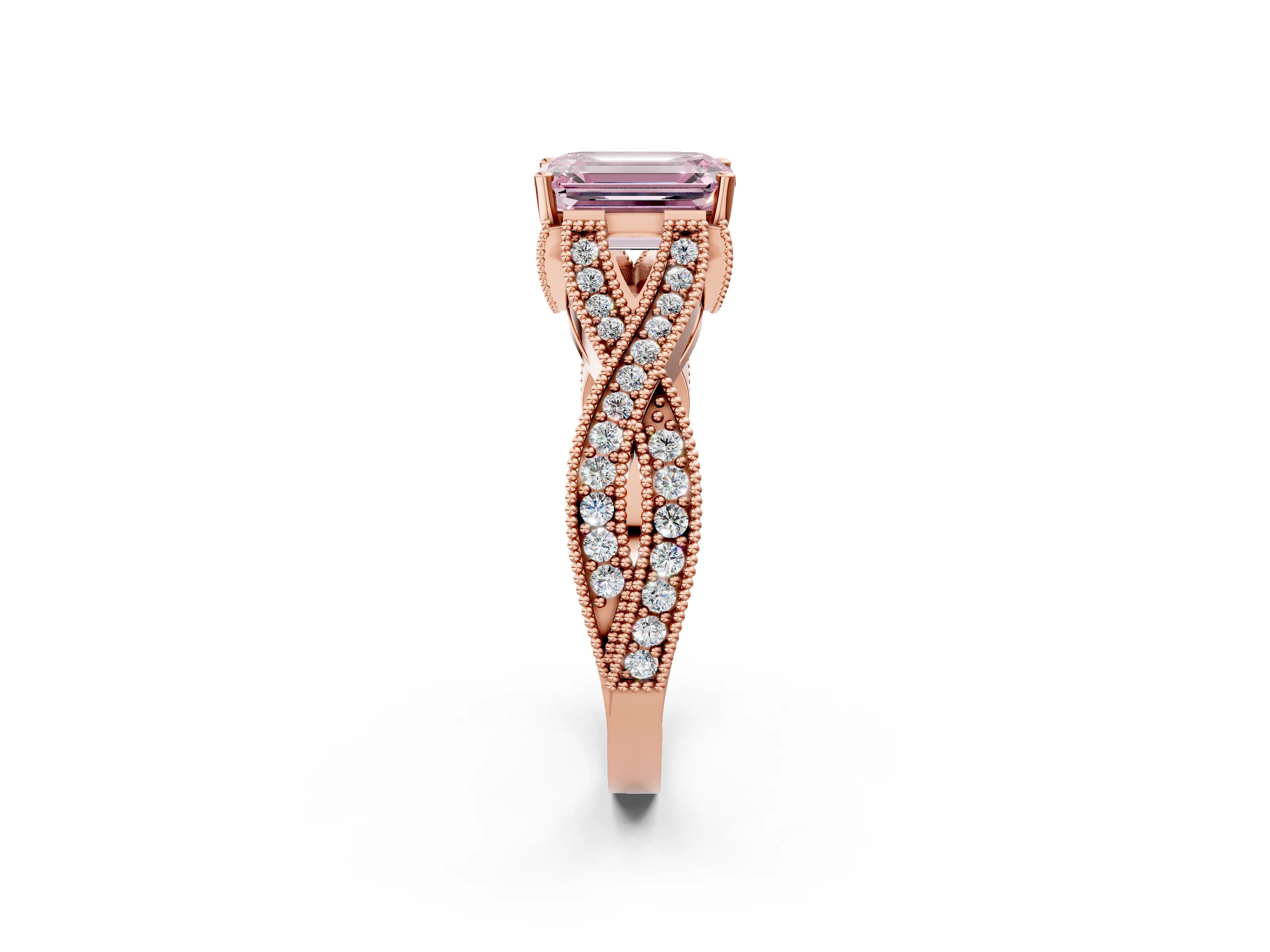 Rose gold Fancy Pink Emerald Cut Cut Diamond Twisted Band with Milgrain Pave Setting and Four-Prong Setting_2
