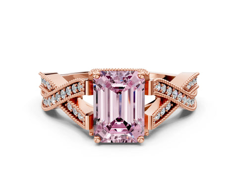 Rose gold Fancy Pink Emerald Cut Cut Diamond Twisted Band with Milgrain Pave Setting and Four-Prong Setting