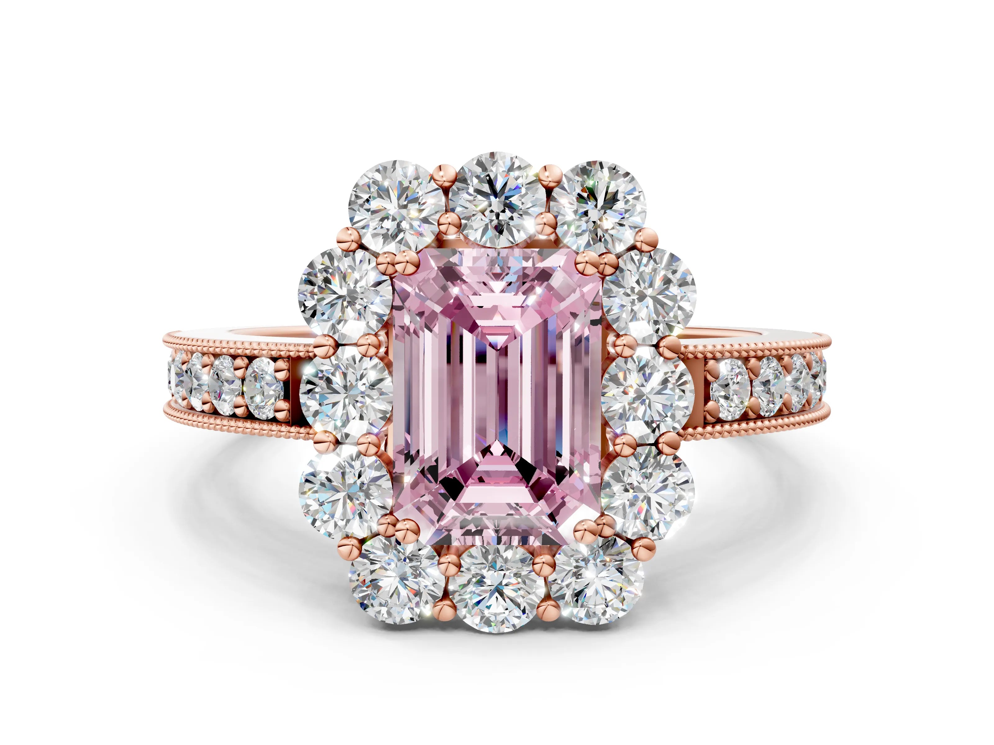 Rose gold Fancy Pink Emerald Cut Cut Halo Diamond Pavé Engagement Ring with Milgrain Detailing
