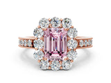 Rose gold Fancy Pink Emerald Cut Cut Halo Diamond Pavé Engagement Ring with Milgrain Detailing