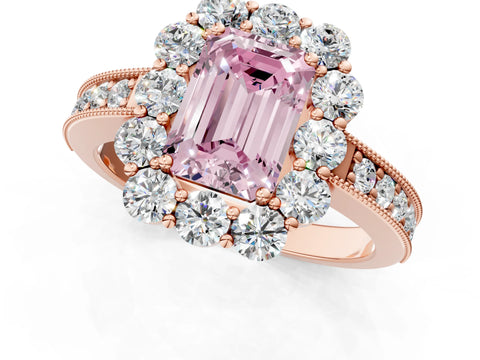 Rose gold Fancy Pink Emerald Cut Cut Halo Diamond Pavé Engagement Ring with Milgrain Detailing_1