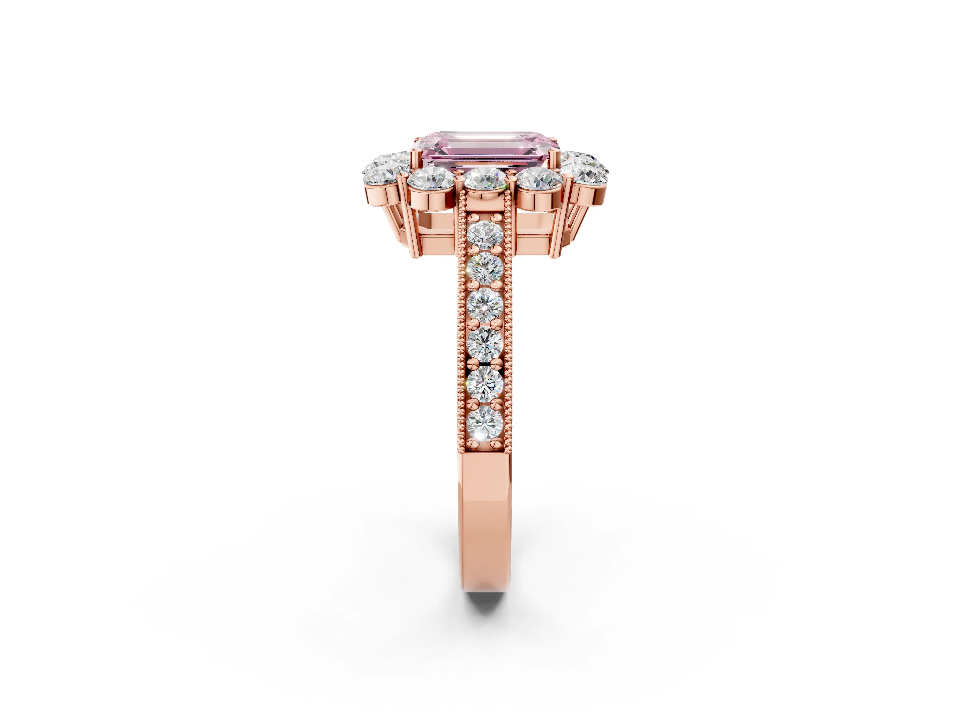 Rose gold Fancy Pink Emerald Cut Cut Halo Diamond Pavé Engagement Ring with Milgrain Detailing_2