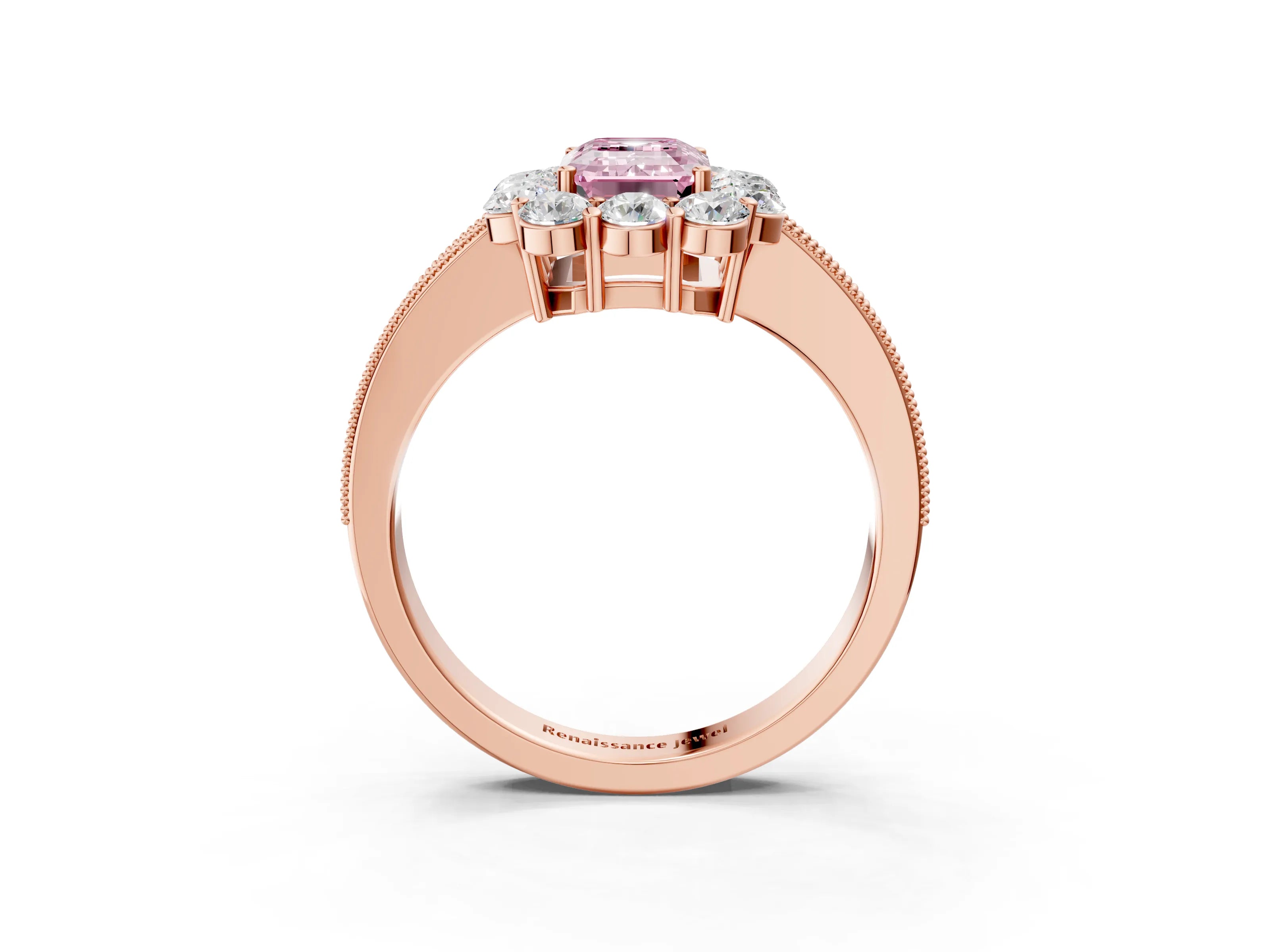 Rose gold Fancy Pink Emerald Cut Cut Halo Diamond Pavé Engagement Ring with Milgrain Detailing_3
