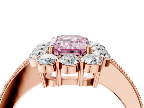 Rose gold Fancy Pink Emerald Cut Cut Halo Diamond Pavé Engagement Ring with Milgrain Detailing_4