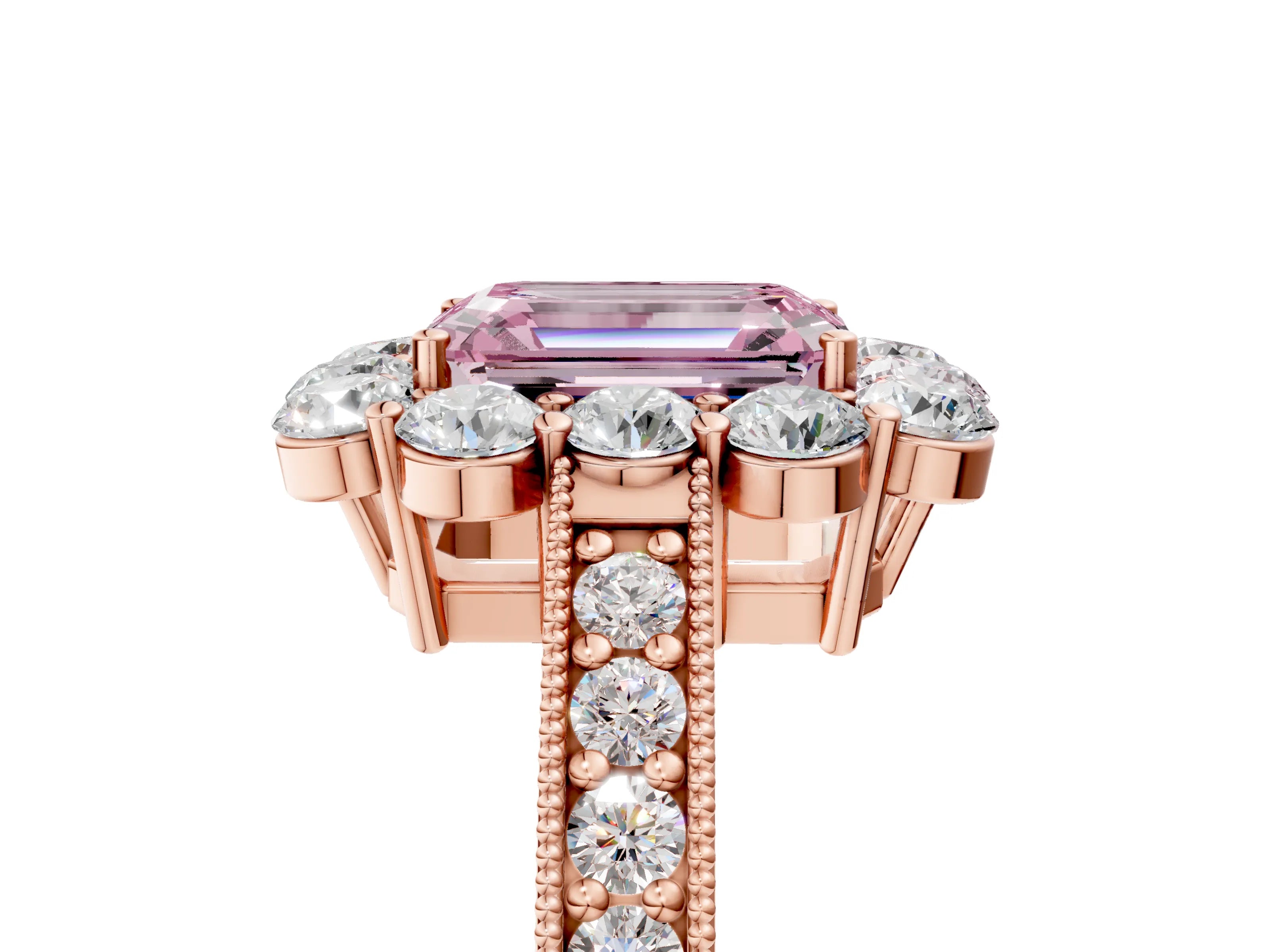 Rose gold Fancy Pink Emerald Cut Cut Halo Diamond Pavé Engagement Ring with Milgrain Detailing_5
