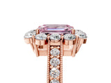 Rose gold Fancy Pink Emerald Cut Cut Halo Diamond Pavé Engagement Ring with Milgrain Detailing_5