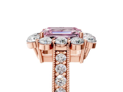 Rose gold Fancy Pink Emerald Cut Cut Halo Diamond Pavé Engagement Ring with Milgrain Detailing_5