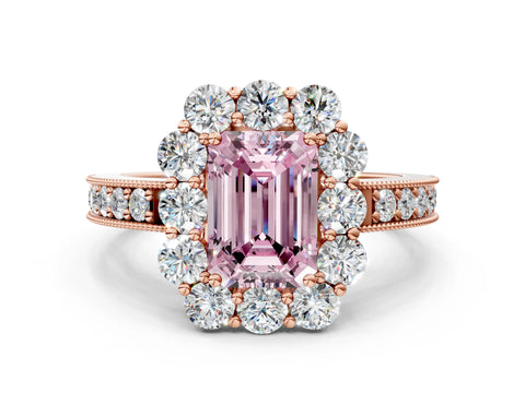 Rose gold Fancy Pink Emerald Cut Cut Halo Diamond Pavé Engagement Ring with Milgrain Detailing
