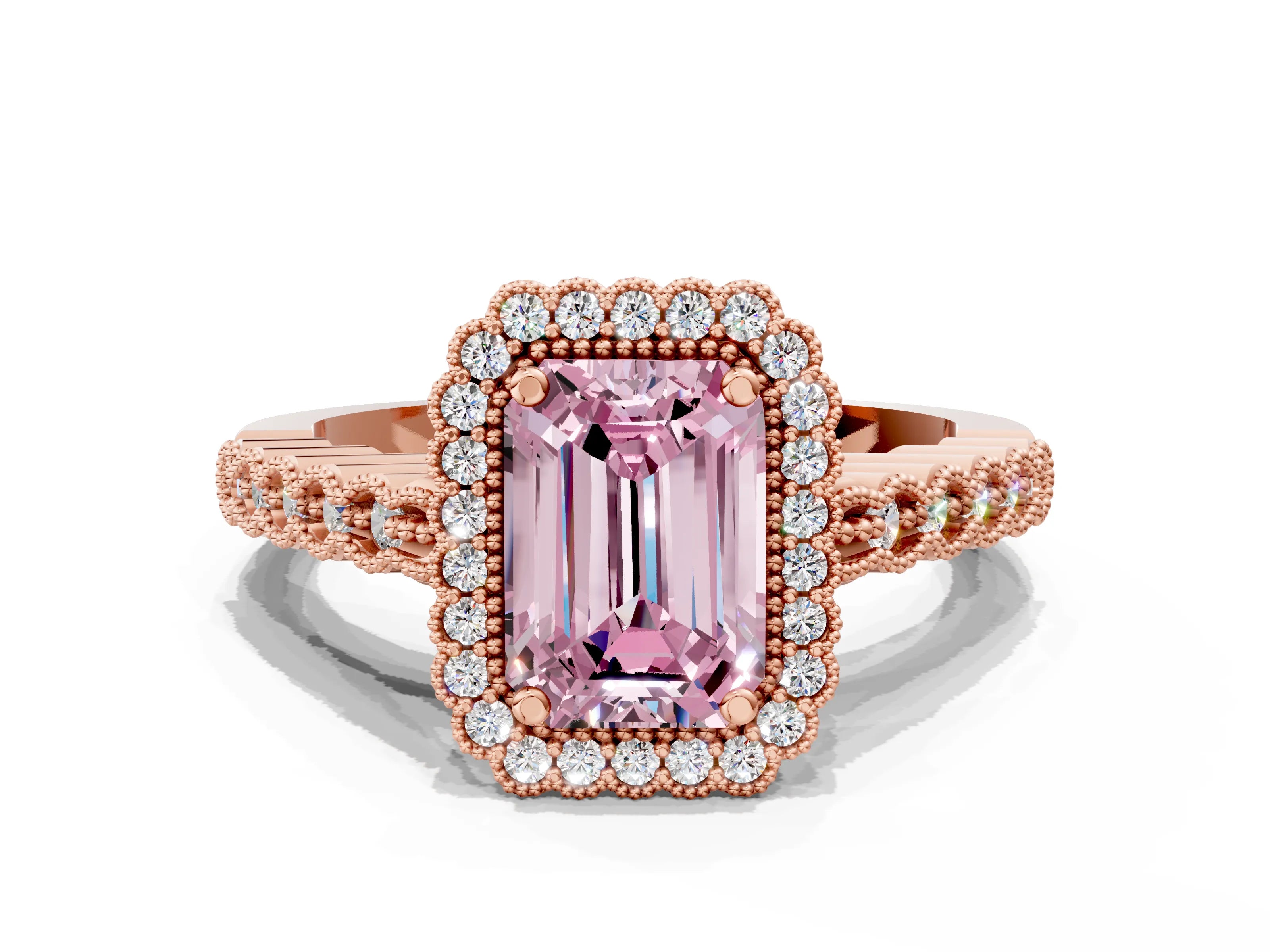 Rose gold Fancy Pink Emerald Cut Cut Halo Pavé Solitaire Ring with Milgrain Band